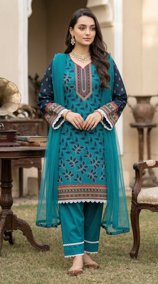 Deep Teal Leaf - 3pc Digital Printed Malai Lawn