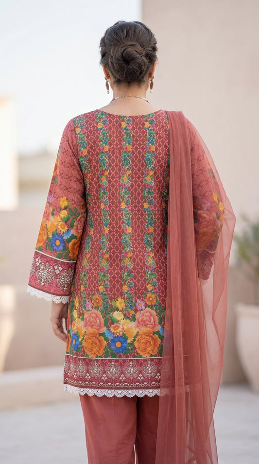 Peach Floral Bloom – 3pc Digital Printed Malai Lawn