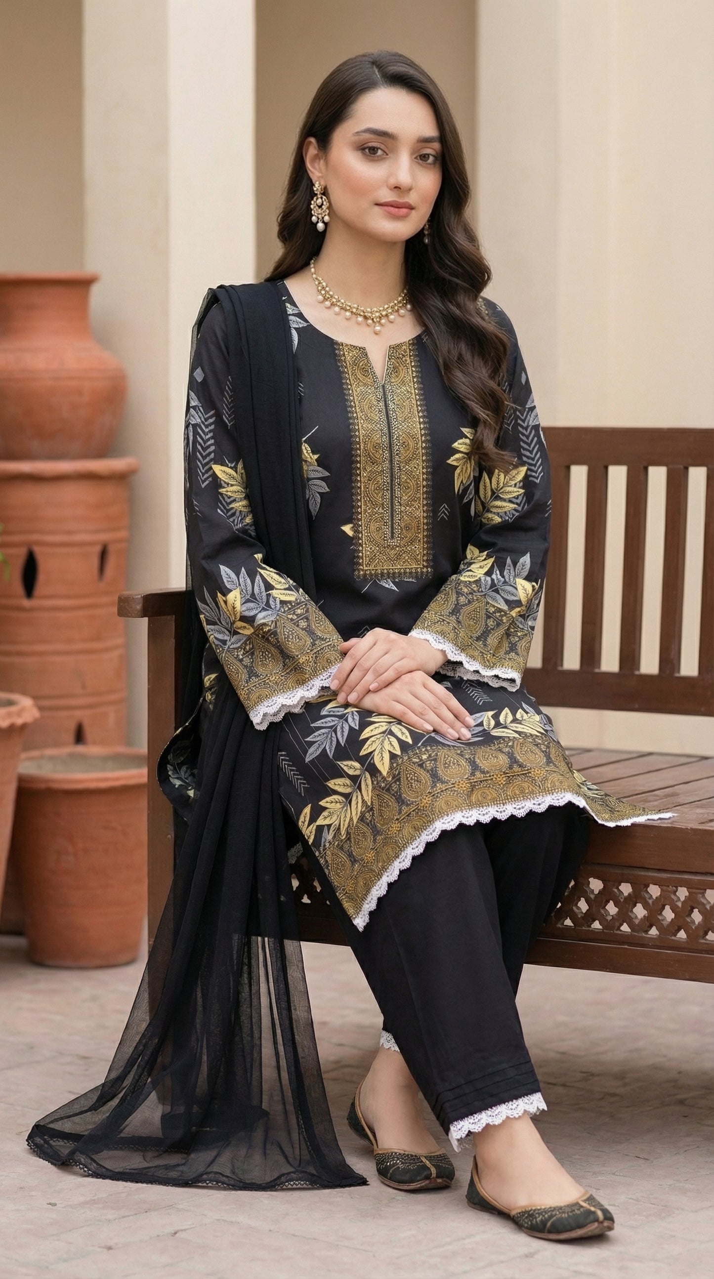 Midnight Onyx & Gold – 3pc Digital Printed Malai Lawn