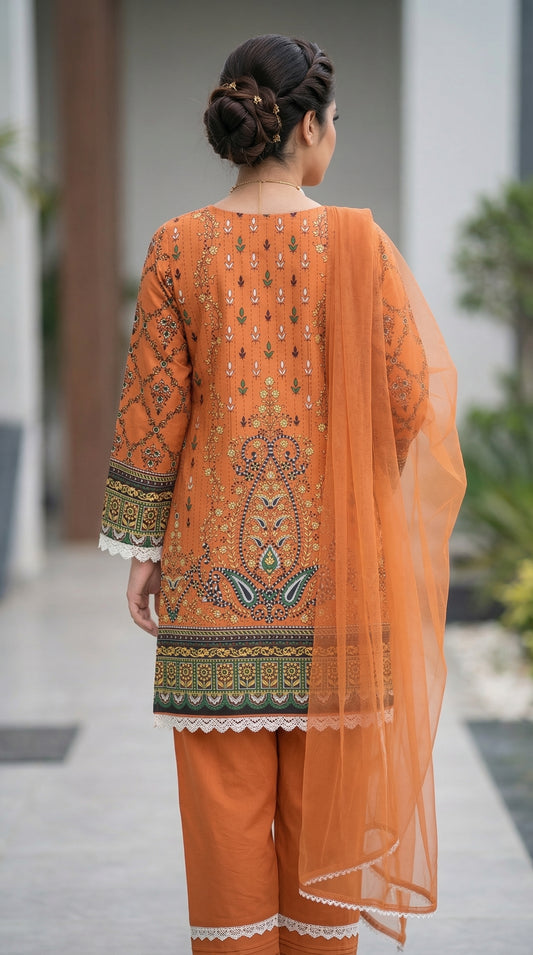 Elegant Rust Digital Printed Malai Lawn - 3 Piece Unstitched Suit