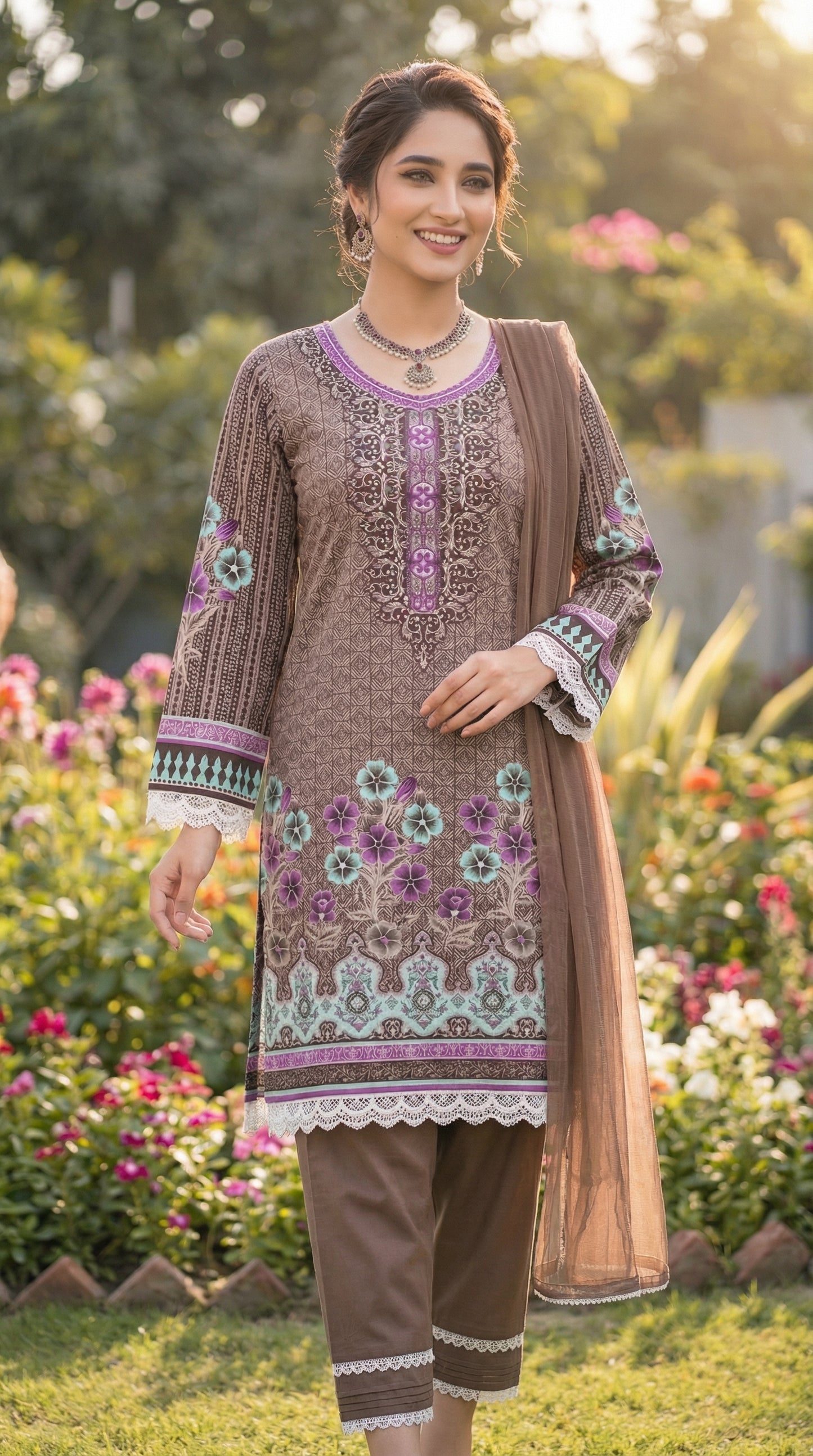 Mocha Mauve Bloom – 3pc Digital Printed Malai Lawn