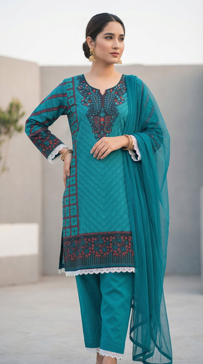 Deep Teal Majesty – 3pc Digital Printed Malai Lawn