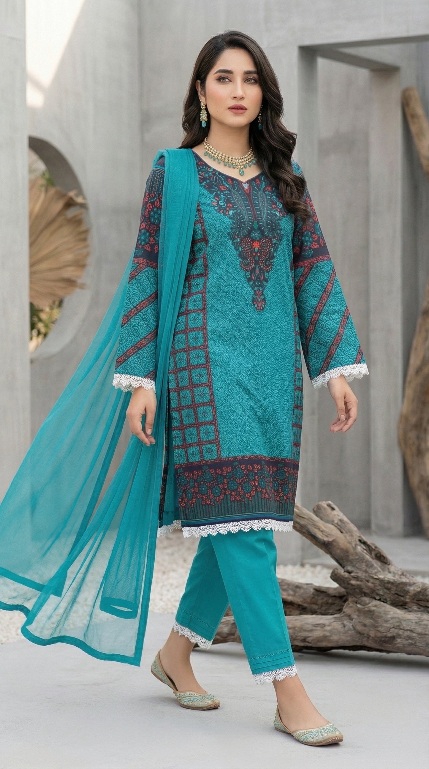 Deep Teal Majesty – 3pc Digital Printed Malai Lawn