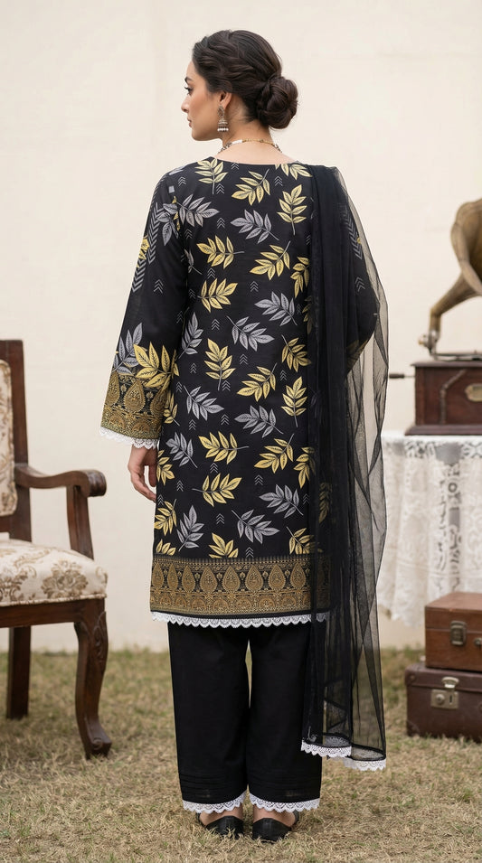 Midnight Onyx & Gold – 3pc Digital Printed Malai Lawn