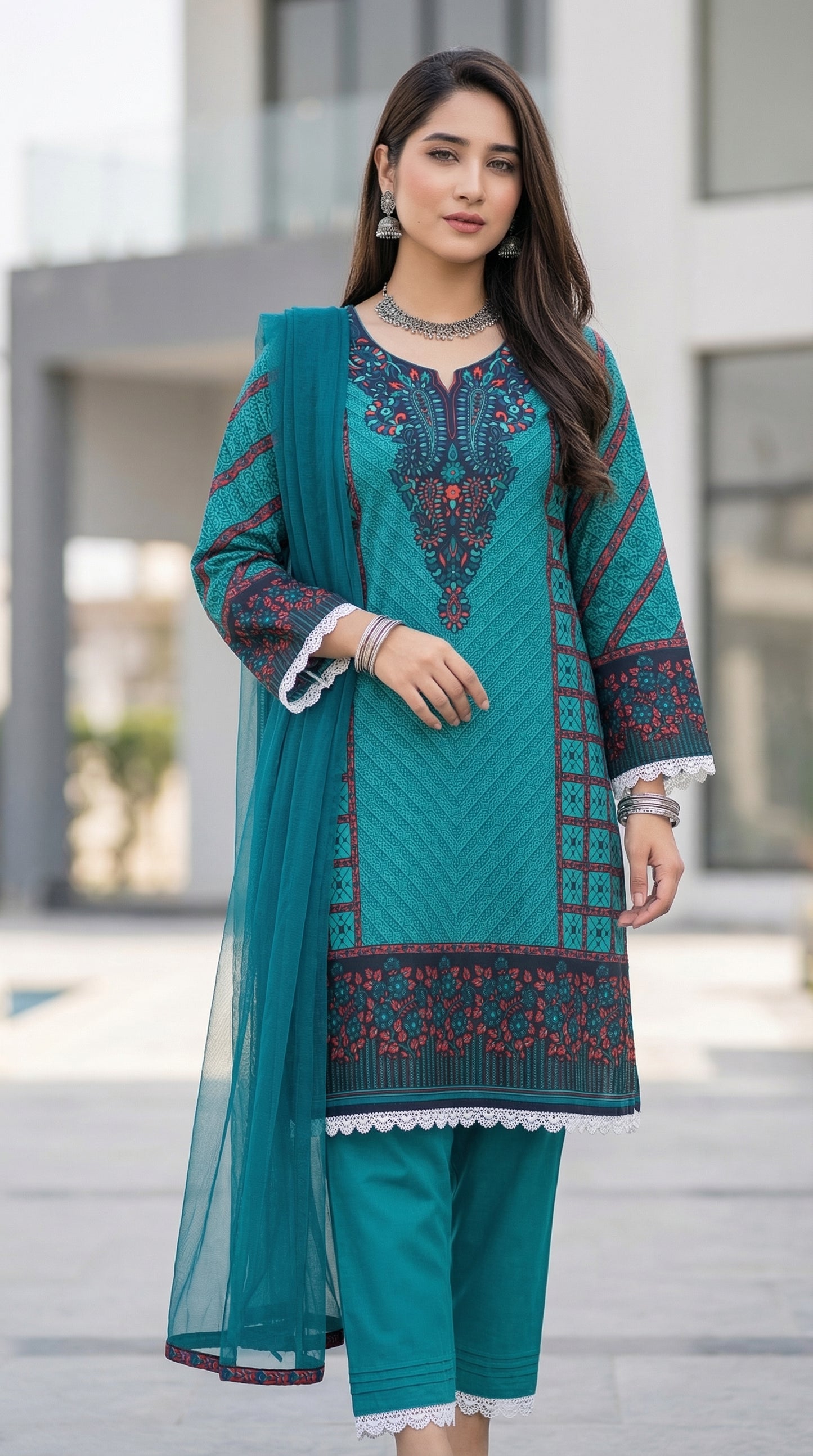 Deep Teal Majesty – 3pc Digital Printed Malai Lawn