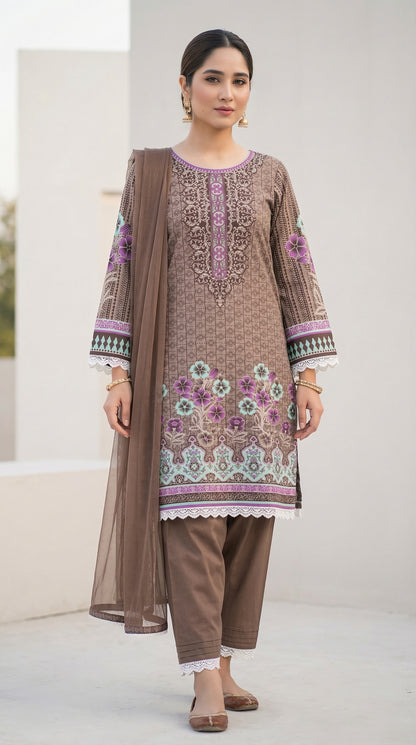 Mocha Mauve Bloom – 3pc Digital Printed Malai Lawn