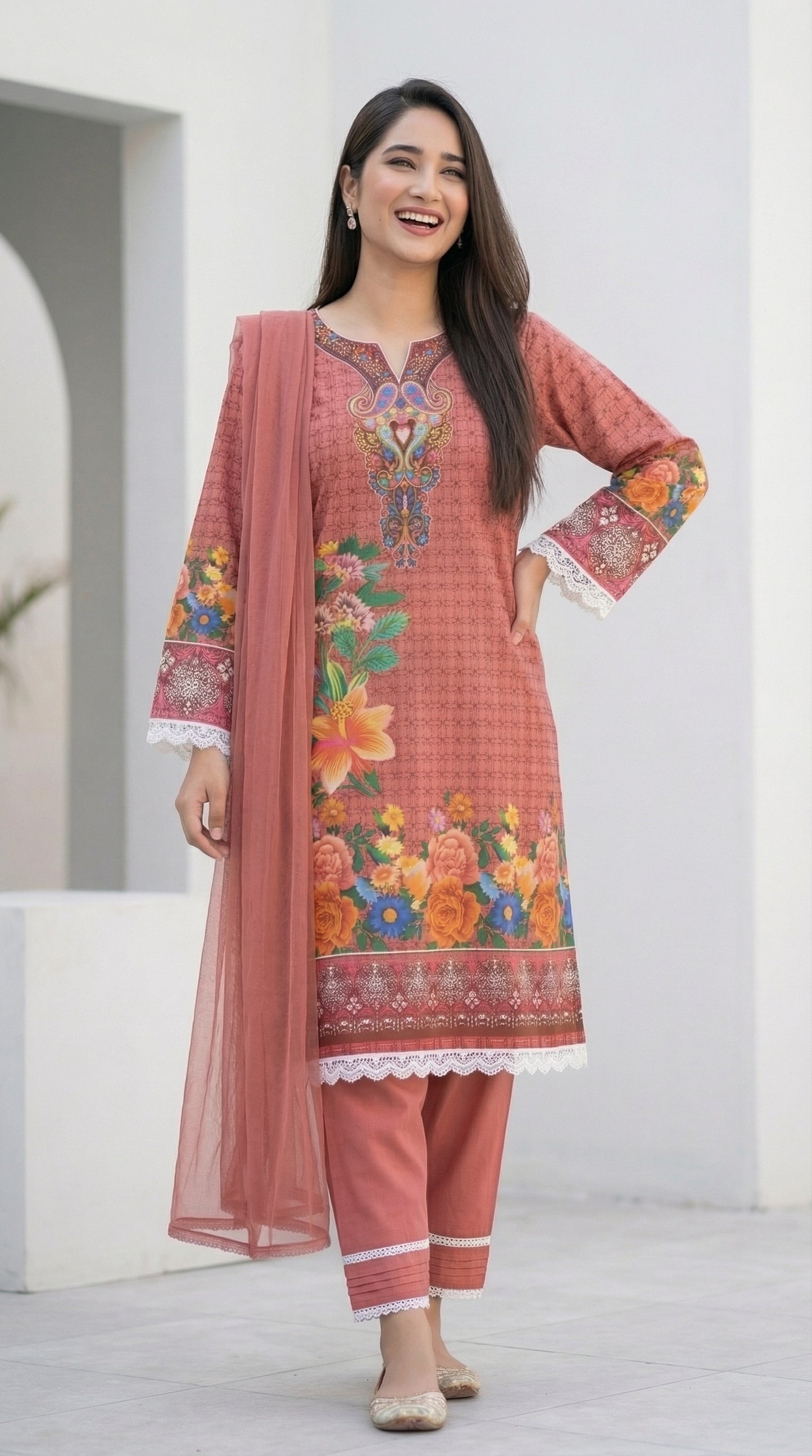 Peach Floral Bloom – 3pc Digital Printed Malai Lawn