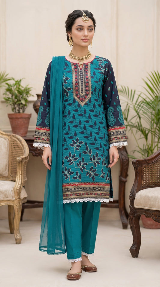 Deep Teal Leaf - 3pc Digital Printed Malai Lawn