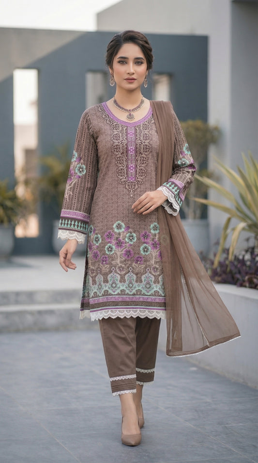 Mocha Mauve Bloom – 3pc Digital Printed Malai Lawn