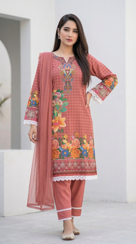 Peach Floral Bloom – 3pc Digital Printed Malai Lawn