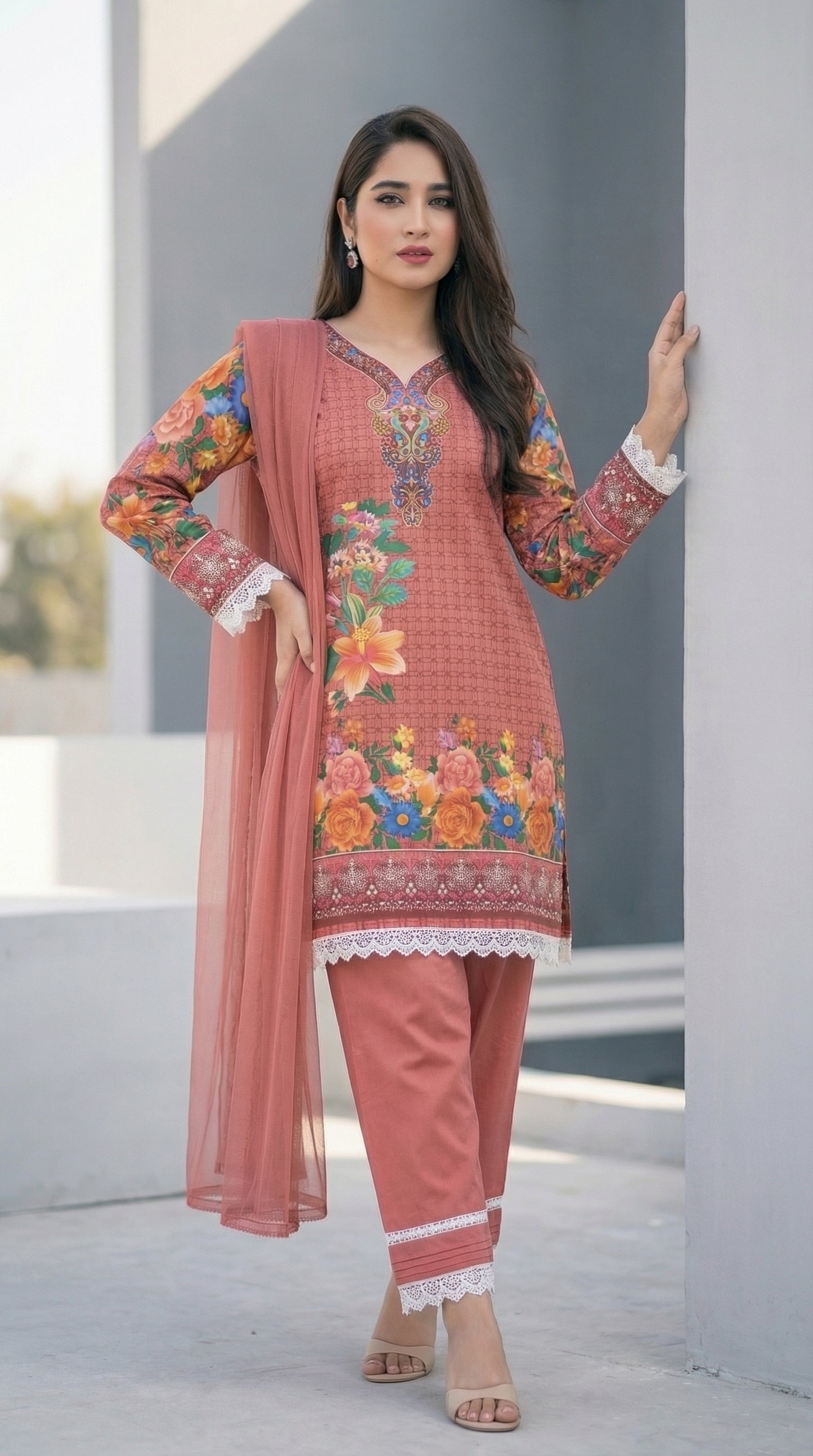 Peach Floral Bloom – 3pc Digital Printed Malai Lawn