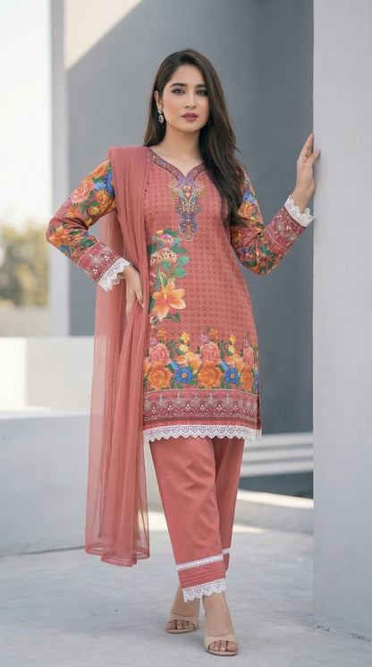 Peach Floral Bloom – 3pc Digital Printed Malai Lawn