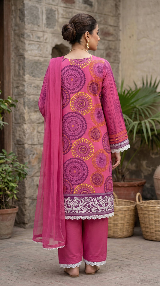 Magenta Mandala – 3pc Digital Printed Malai Lawn