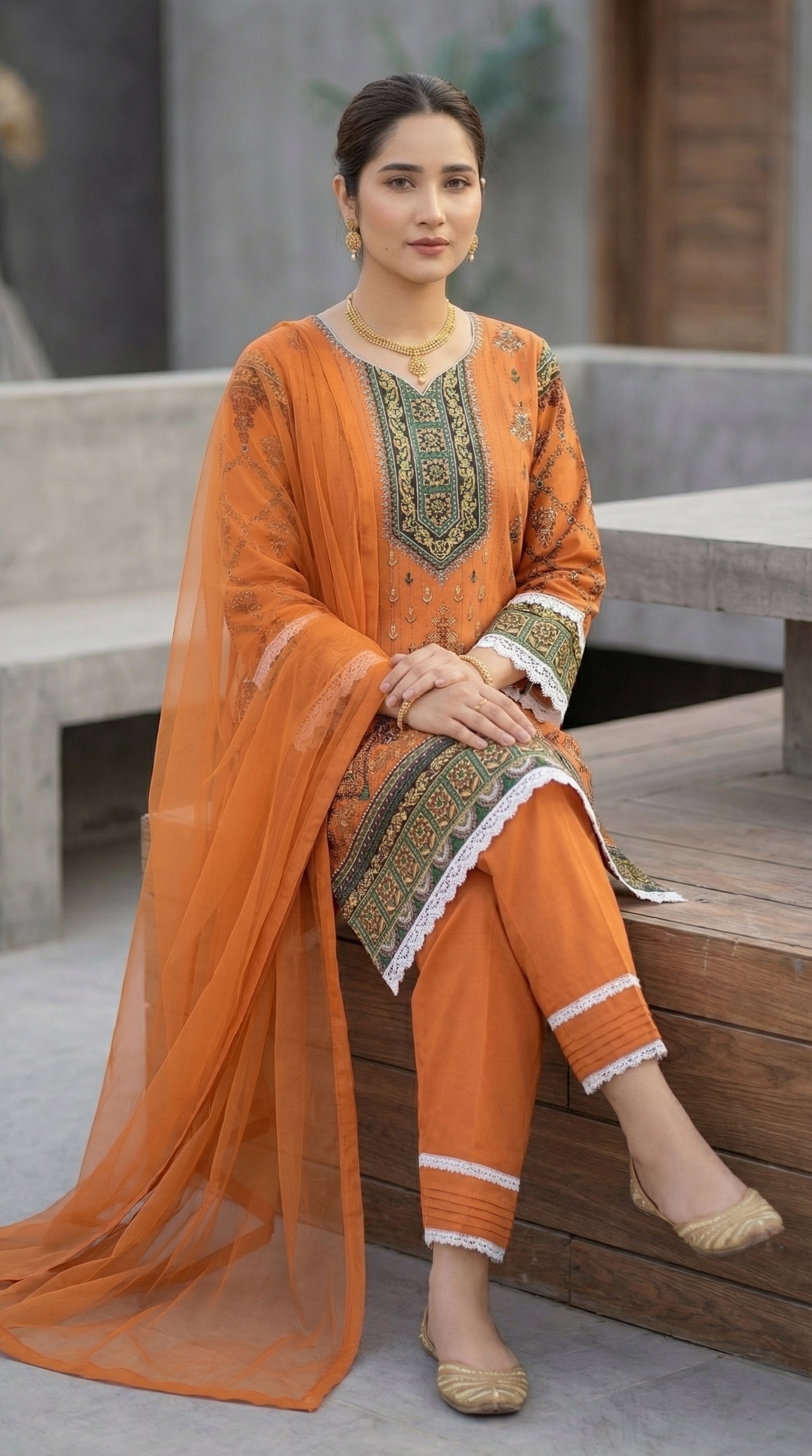 Elegant Rust Digital Printed Malai Lawn - 3 Piece Unstitched Suit