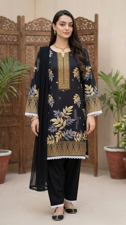 Midnight Onyx & Gold – 3pc Digital Printed Malai Lawn