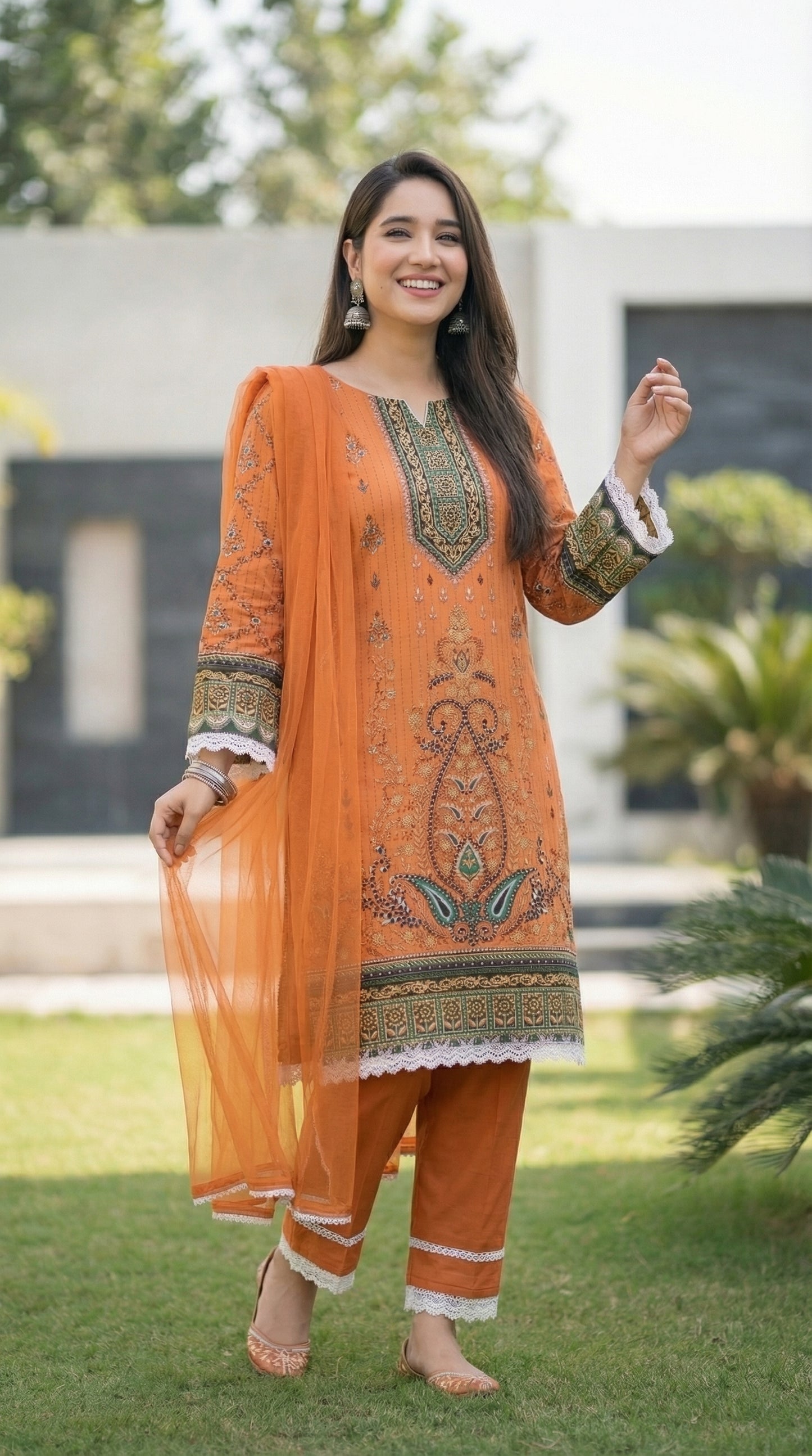 Elegant Rust Digital Printed Malai Lawn - 3 Piece Unstitched Suit