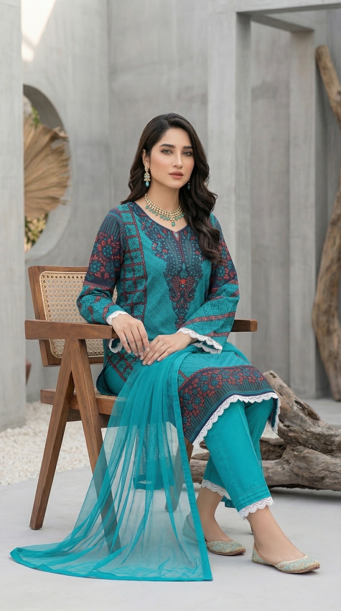 Deep Teal Majesty – 3pc Digital Printed Malai Lawn