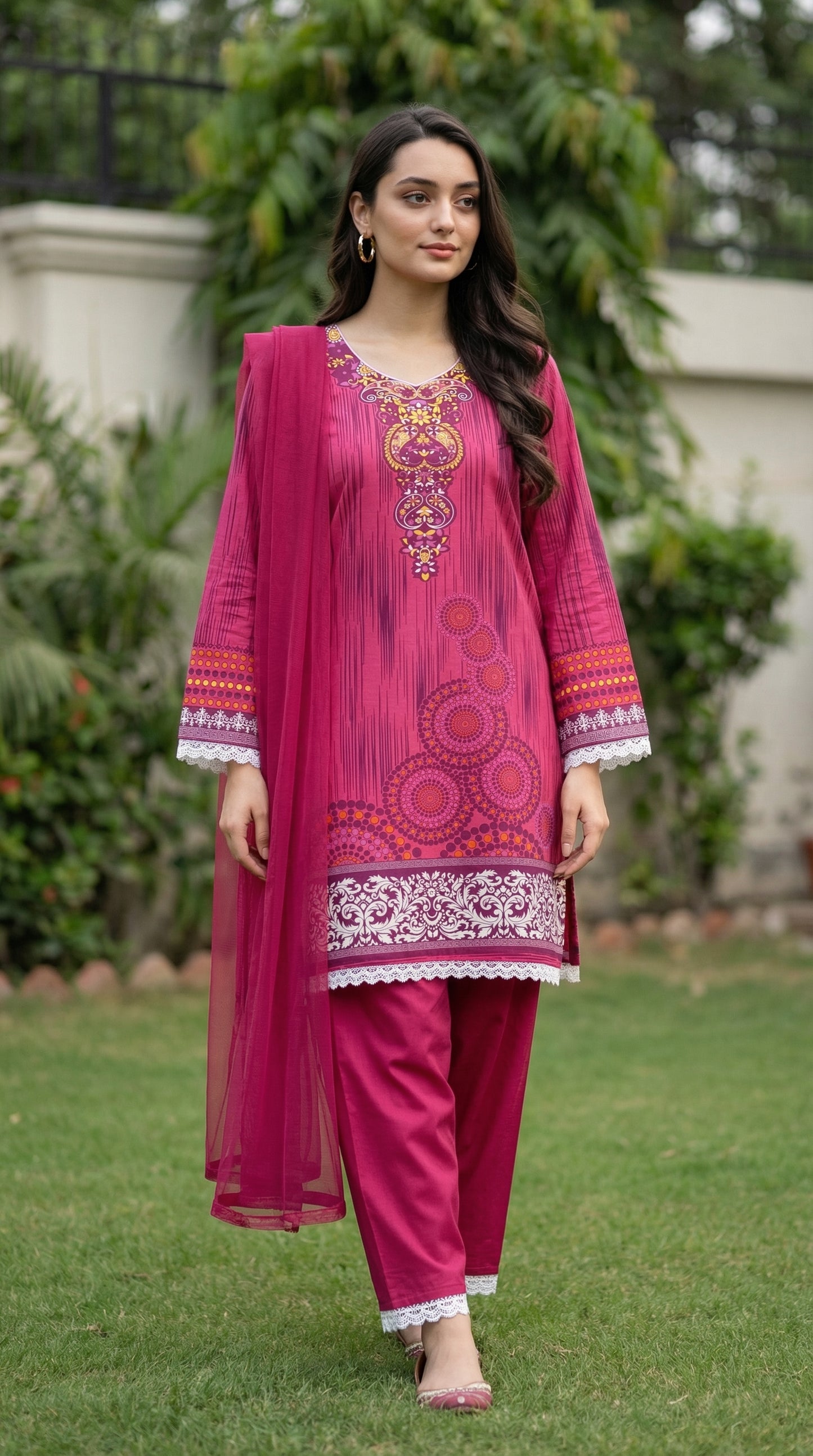 Magenta Mandala – 3pc Digital Printed Malai Lawn