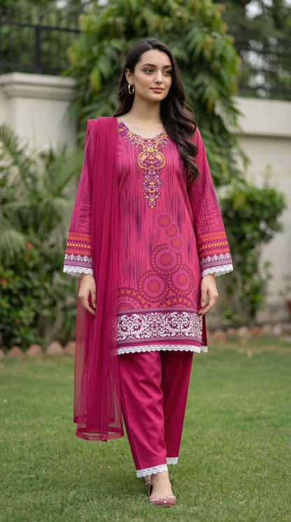 Magenta Mandala – 3pc Digital Printed Malai Lawn