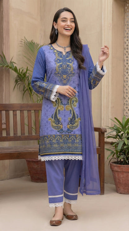 Royal Lavender Paisley – 3pc Digital Printed Malai Lawn