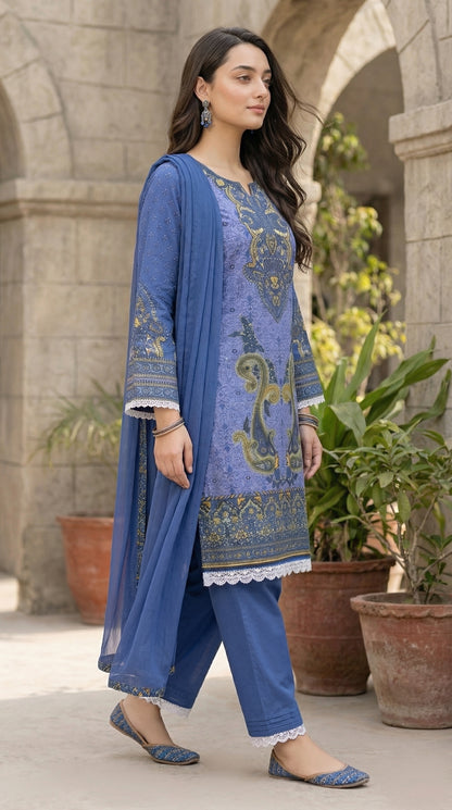 Royal Lavender Paisley – 3pc Digital Printed Malai Lawn