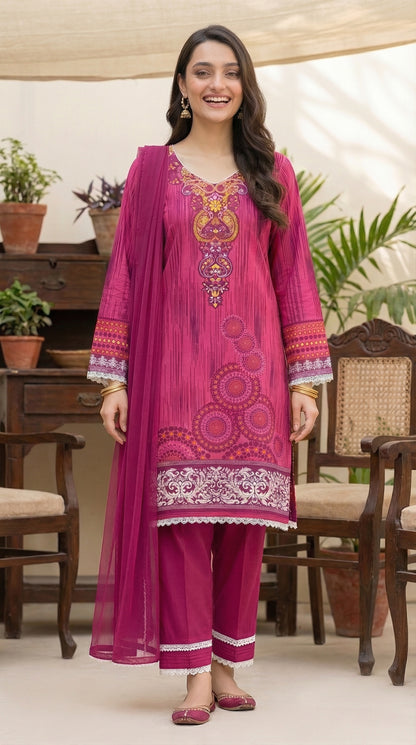 Magenta Mandala – 3pc Digital Printed Malai Lawn