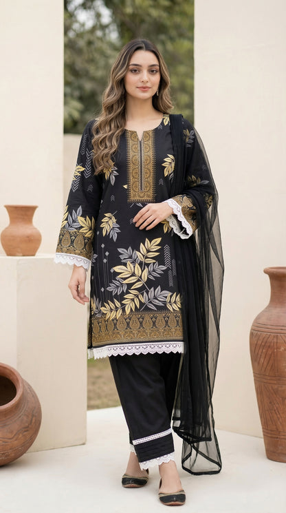 Midnight Onyx & Gold – 3pc Digital Printed Malai Lawn