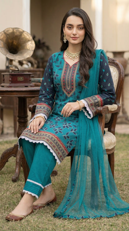 Deep Teal Leaf - 3pc Digital Printed Malai Lawn