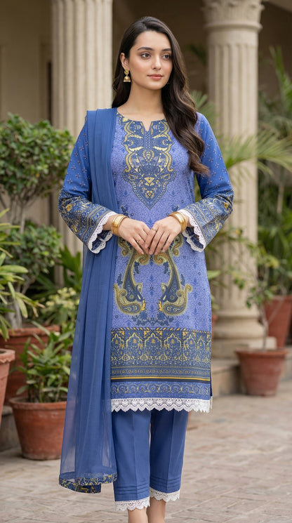 Royal Lavender Paisley – 3pc Digital Printed Malai Lawn