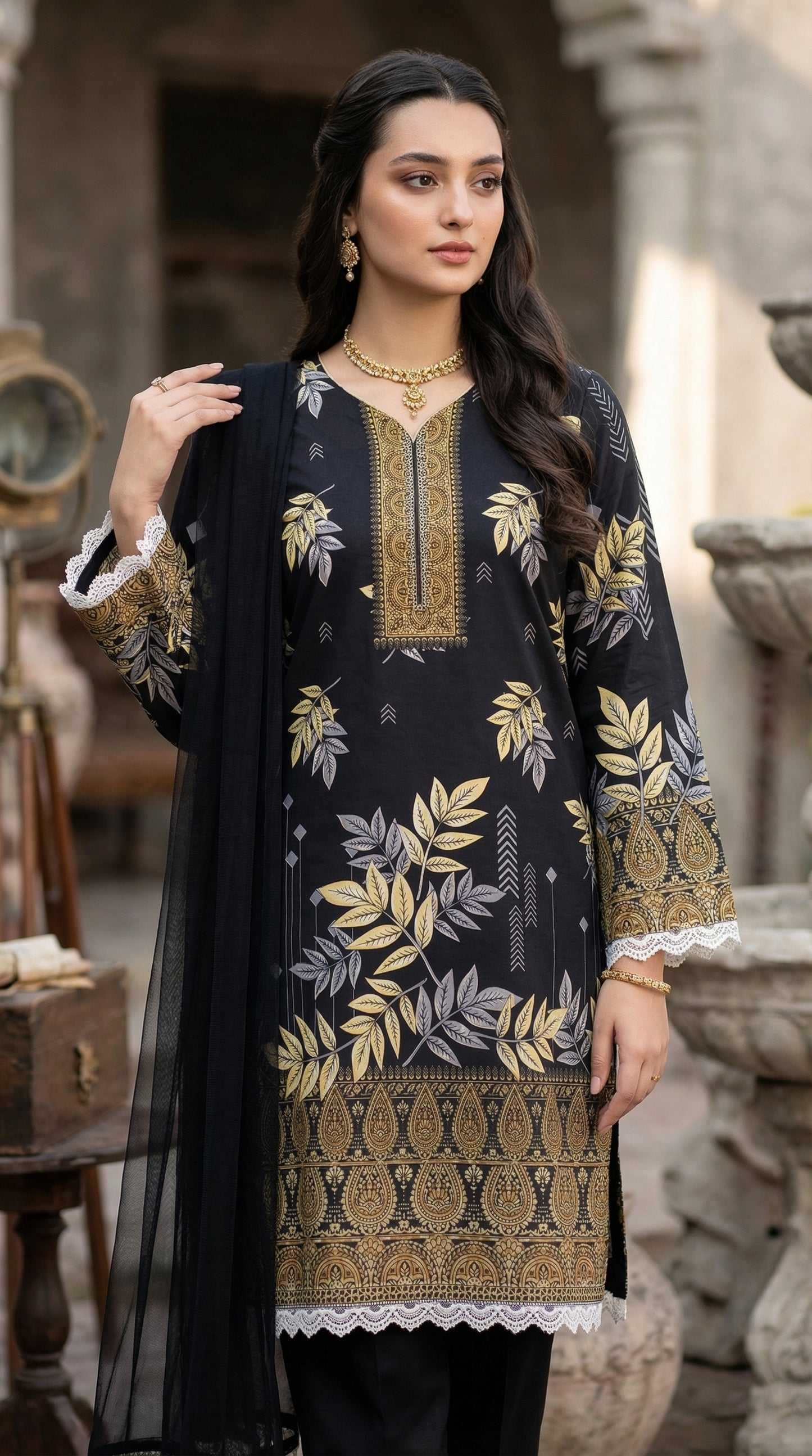 Midnight Onyx & Gold – 3pc Digital Printed Malai Lawn