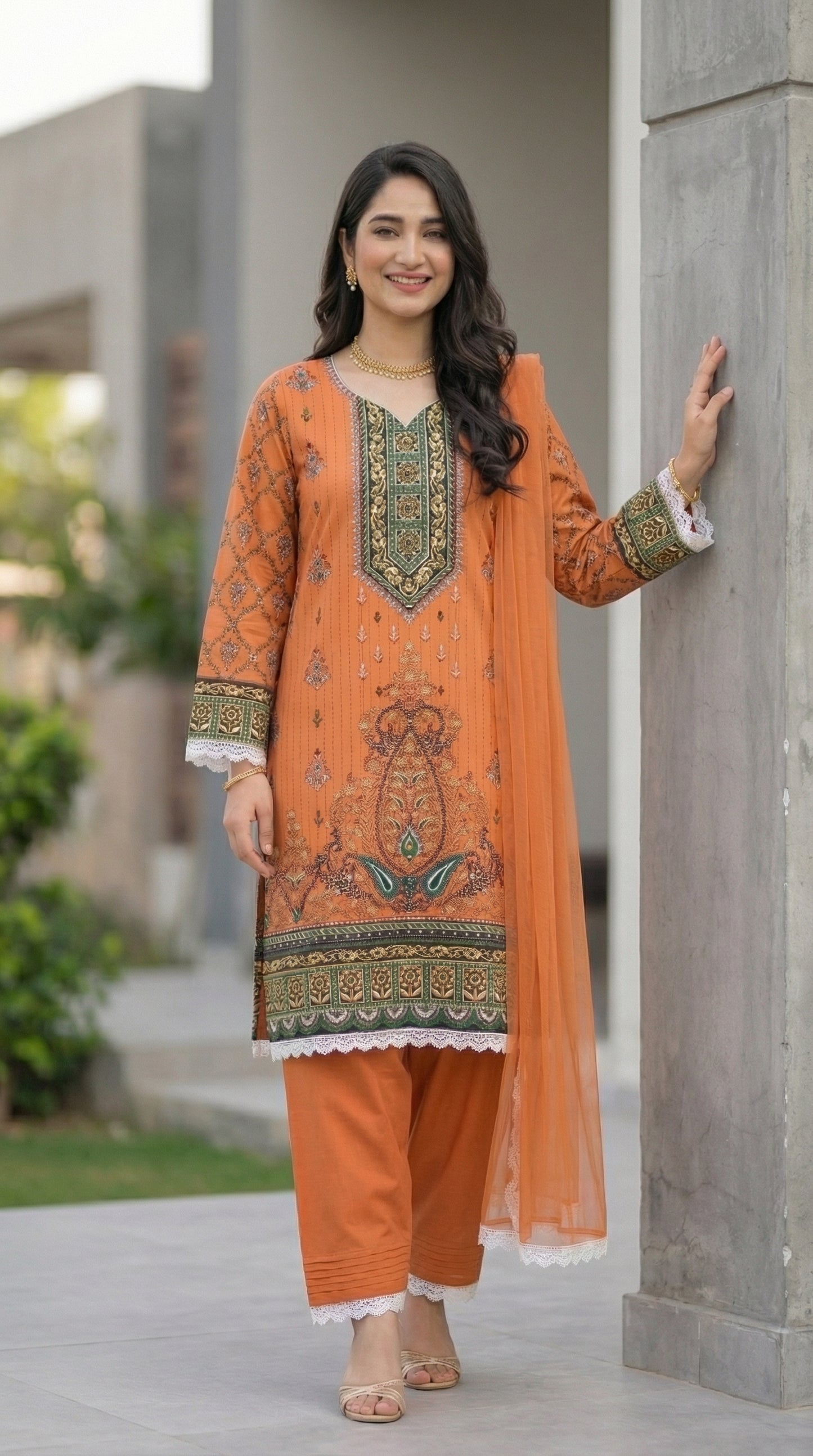 Elegant Rust Digital Printed Malai Lawn - 3 Piece Unstitched Suit