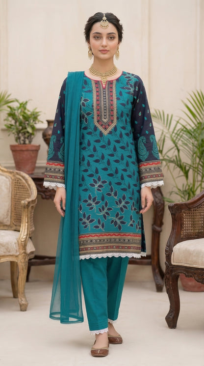 Deep Teal Leaf - 3pc Digital Printed Malai Lawn