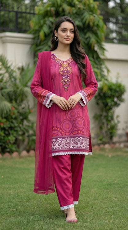 Magenta Mandala – 3pc Digital Printed Malai Lawn