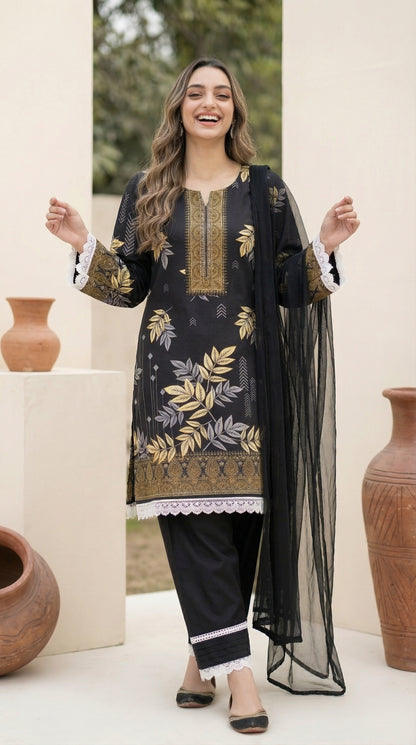 Midnight Onyx & Gold – 3pc Digital Printed Malai Lawn
