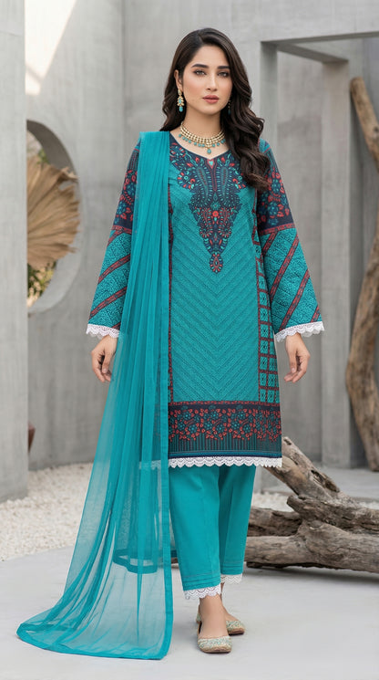 Deep Teal Majesty – 3pc Digital Printed Malai Lawn