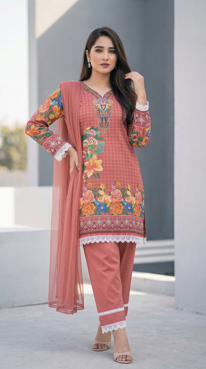 Peach Floral Bloom – 3pc Digital Printed Malai Lawn