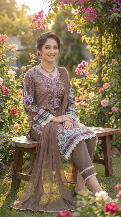 Mocha Mauve Bloom – 3pc Digital Printed Malai Lawn