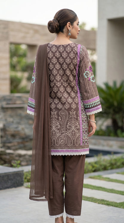 Mocha Mauve Bloom – 3pc Digital Printed Malai Lawn