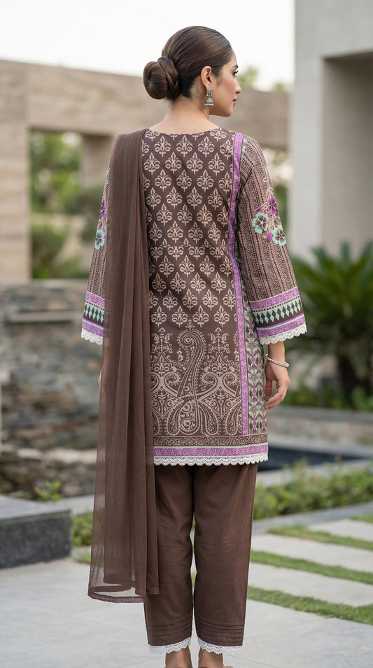 Mocha Mauve Bloom – 3pc Digital Printed Malai Lawn