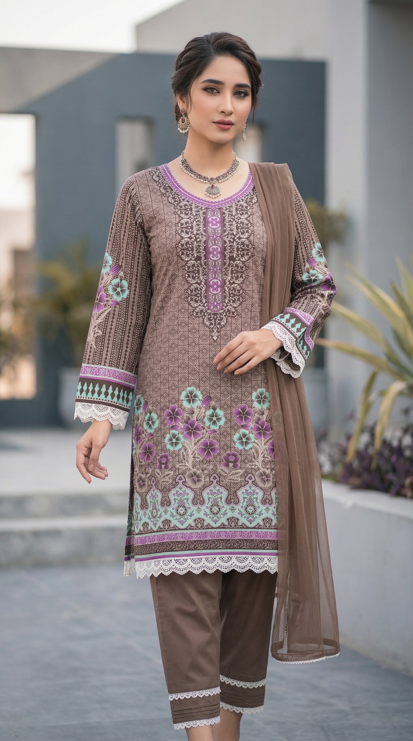 Mocha Mauve Bloom – 3pc Digital Printed Malai Lawn