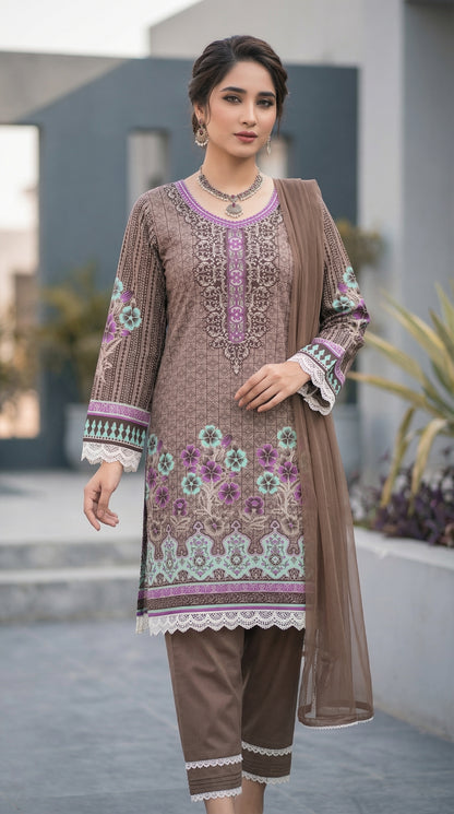 Mocha Mauve Bloom – 3pc Digital Printed Malai Lawn