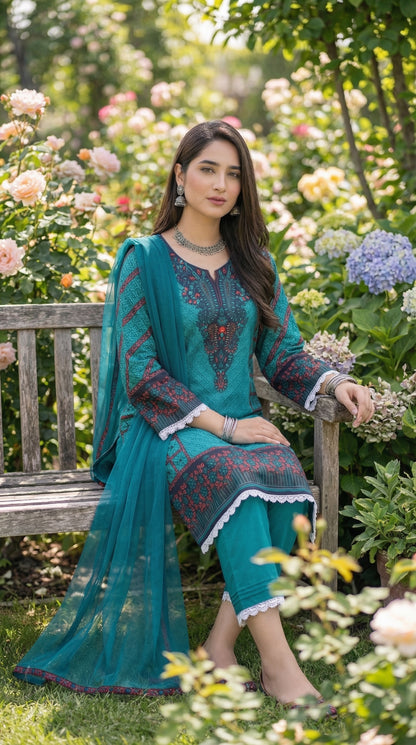 Deep Teal Majesty – 3pc Digital Printed Malai Lawn