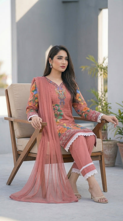 Peach Floral Bloom – 3pc Digital Printed Malai Lawn