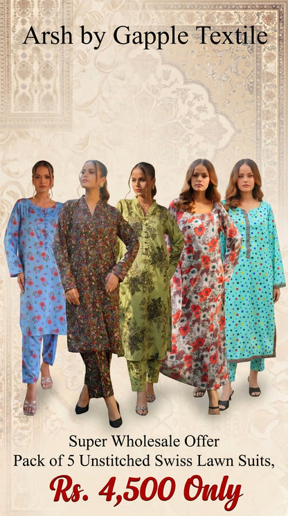 Pack of 5 Unstitched Two Piece Digital Printed Suits Volume-Arsh